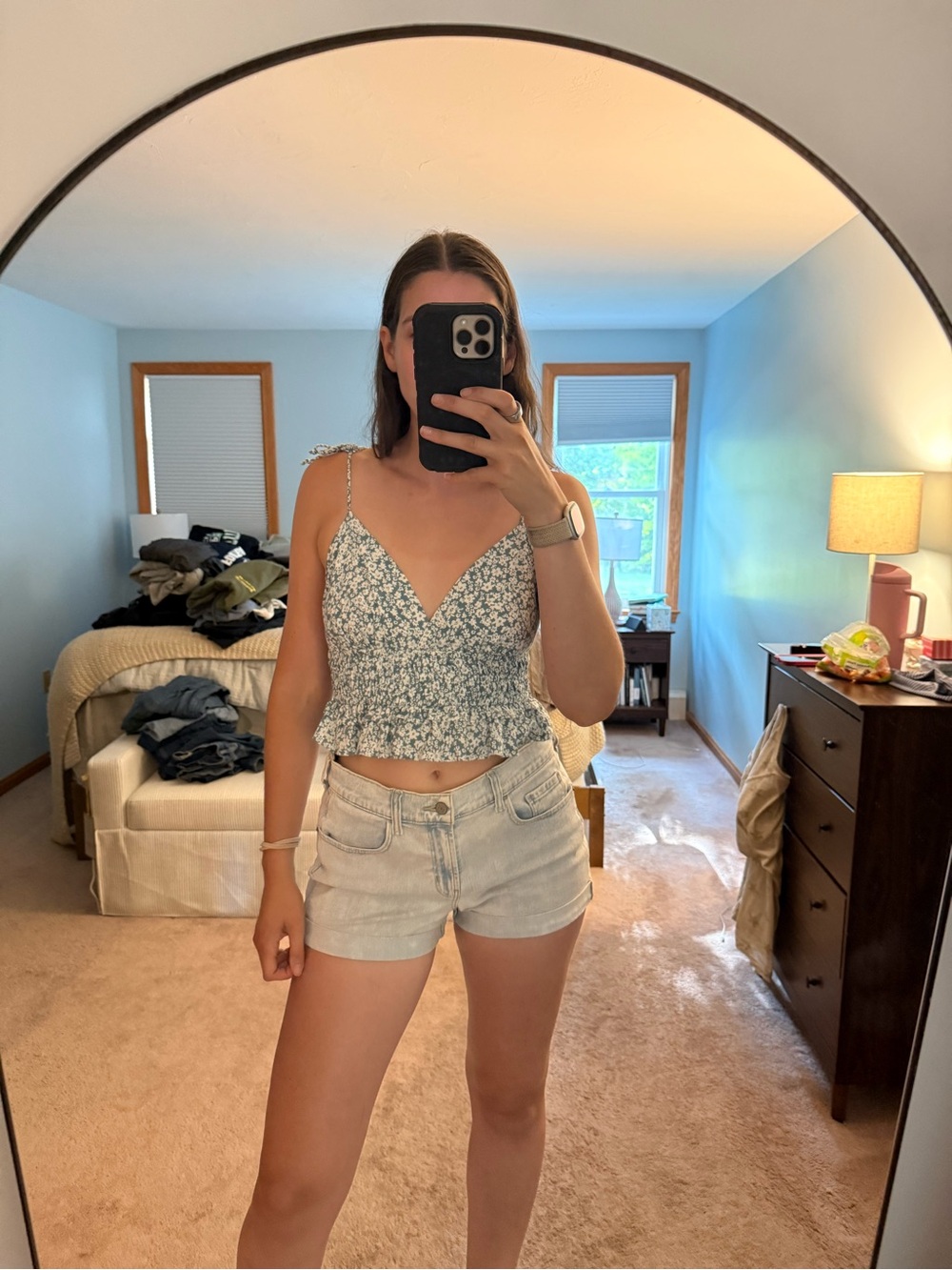 Blue Floral Smocked V-Neck Cropped Cami Tank